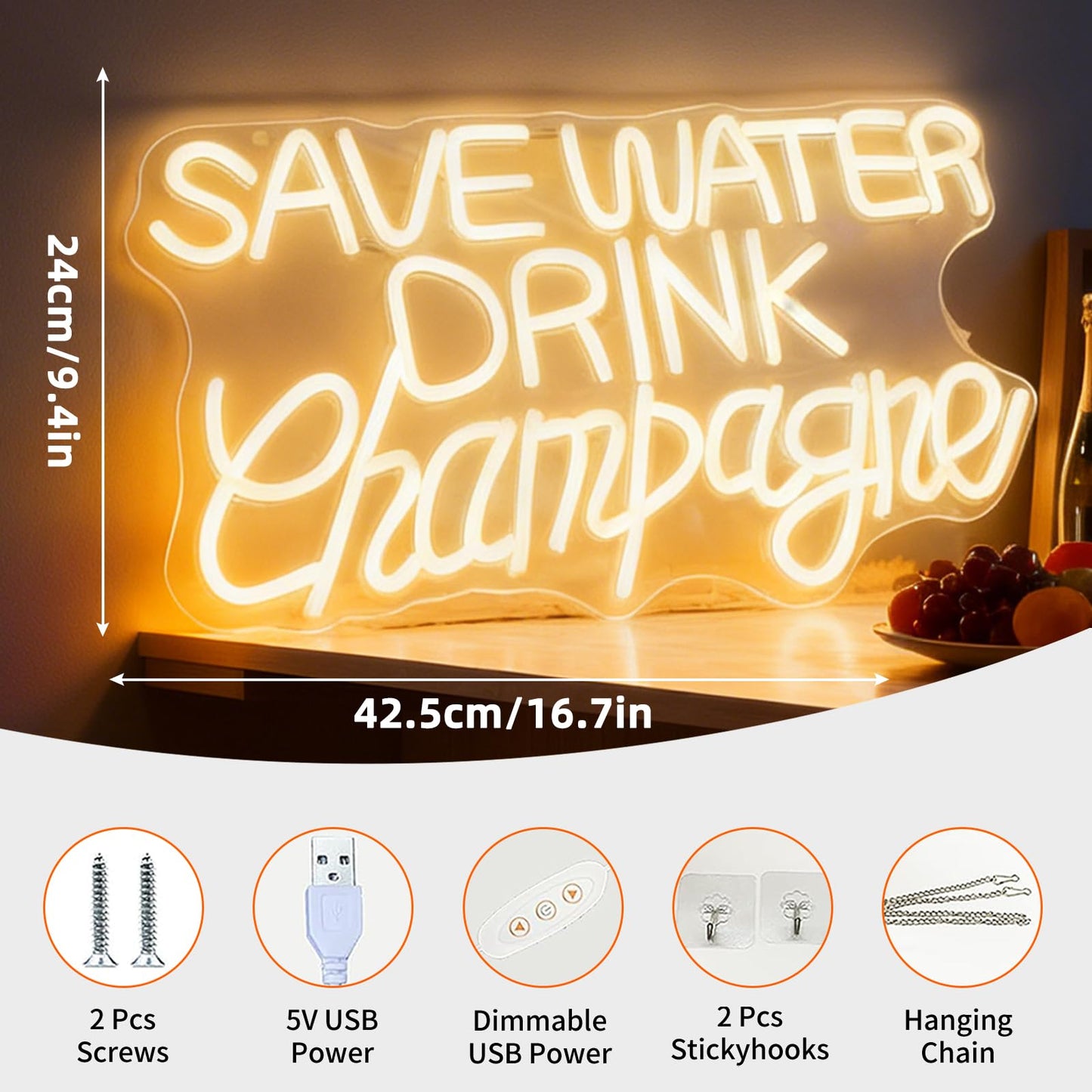 Save Water Drink Champagne Neon Sign, Champagne Theme Light Up Sign, Bar Party Restaurant Living Room Wall Table Decor, USB Powered Dimmable Led Decorative Neon Light 16.7 x 9.4 In