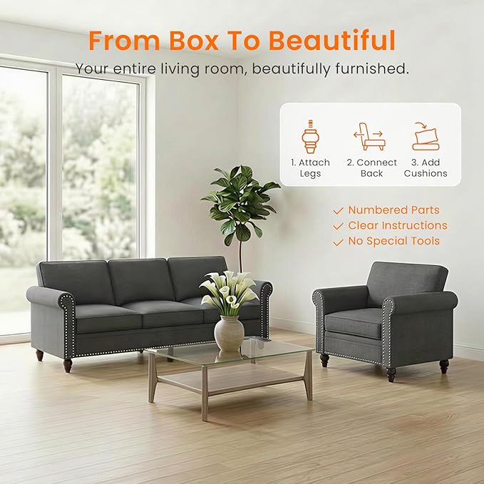2 Piece Living Room Sofa Sets, Modern 3 Seater Sofa and Armchair Sets, Linen