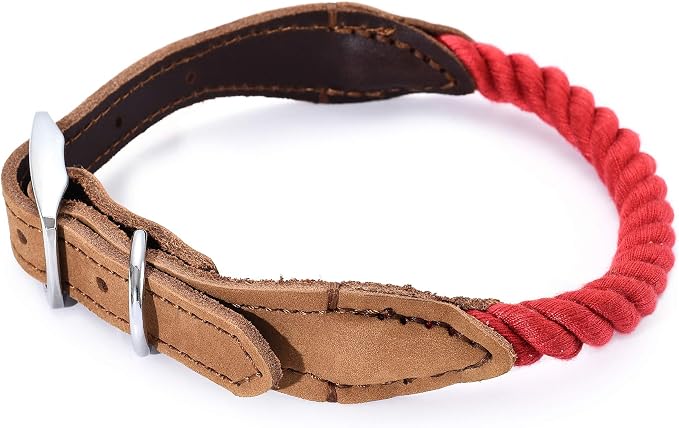 Mile High Life Genuine Leather Dog Collar, Durable Braided Cotton Rope Collar with Metal Pin Buckle for Small Medium Large Dogs (Red, S Neck 11"-15")