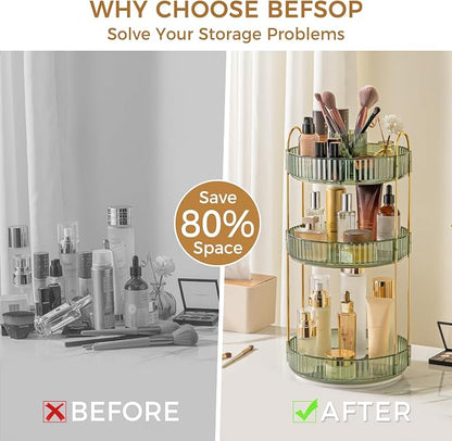 360° Rotating Makeup Organizer, Upgraded 3 Tier Skincare Perfume Organizers for Women, Bathroom Organizer Countertop, Clear Cosmetic Dresser Organizer with Makeup Brush Holder, Sink&Counter (Green)