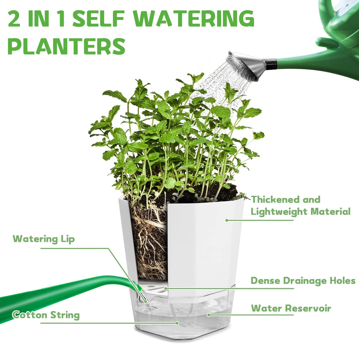 GearRoot 6 Pack Self Watering Planters Pot, 6.6/5 inch Plant and Flower Pot, Decorative Self Watering Pots for Indoor Plants African Violet Wicking Pots, Succulents, Aloe, Herbs