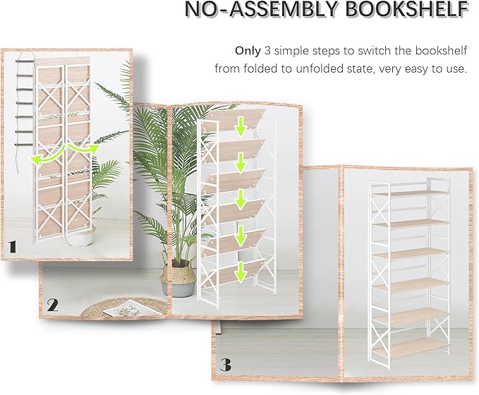 4NM 6 Tiers No Assembly Book Shelves, 61.8" H Folding Bookshelf Bookcase Open