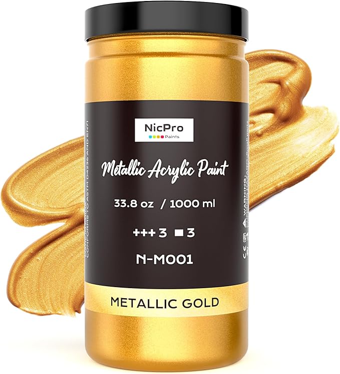 Nicpro Acrylic Paint Metallic Gold, 33.8oz/1000ml Large Gold Leaf Paint