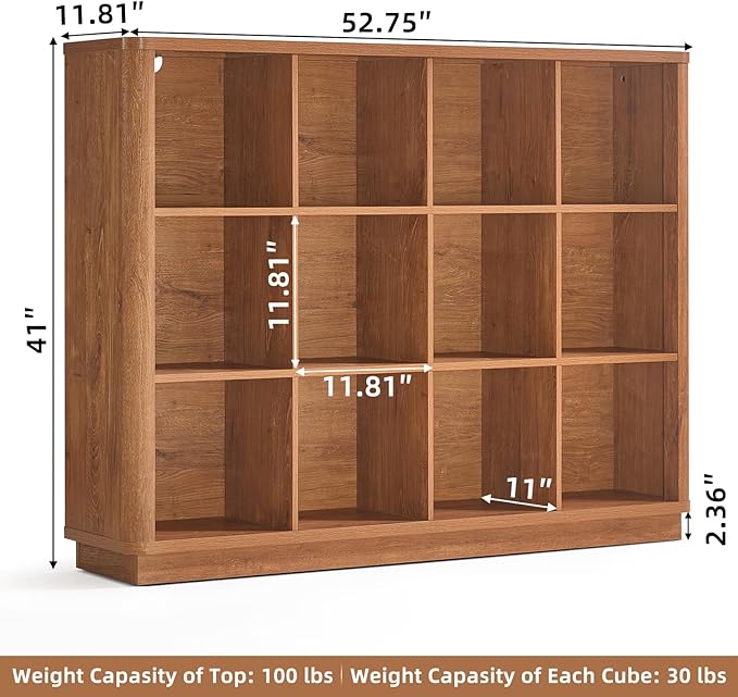 Joaxswe 12 Cube Storage Organizer, Wood Floor Standing 3-Tier Cubby Bookcase