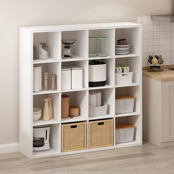 Furinno Simple Cube Storage Organizer, 16-Cube Display Shelf, Open Back