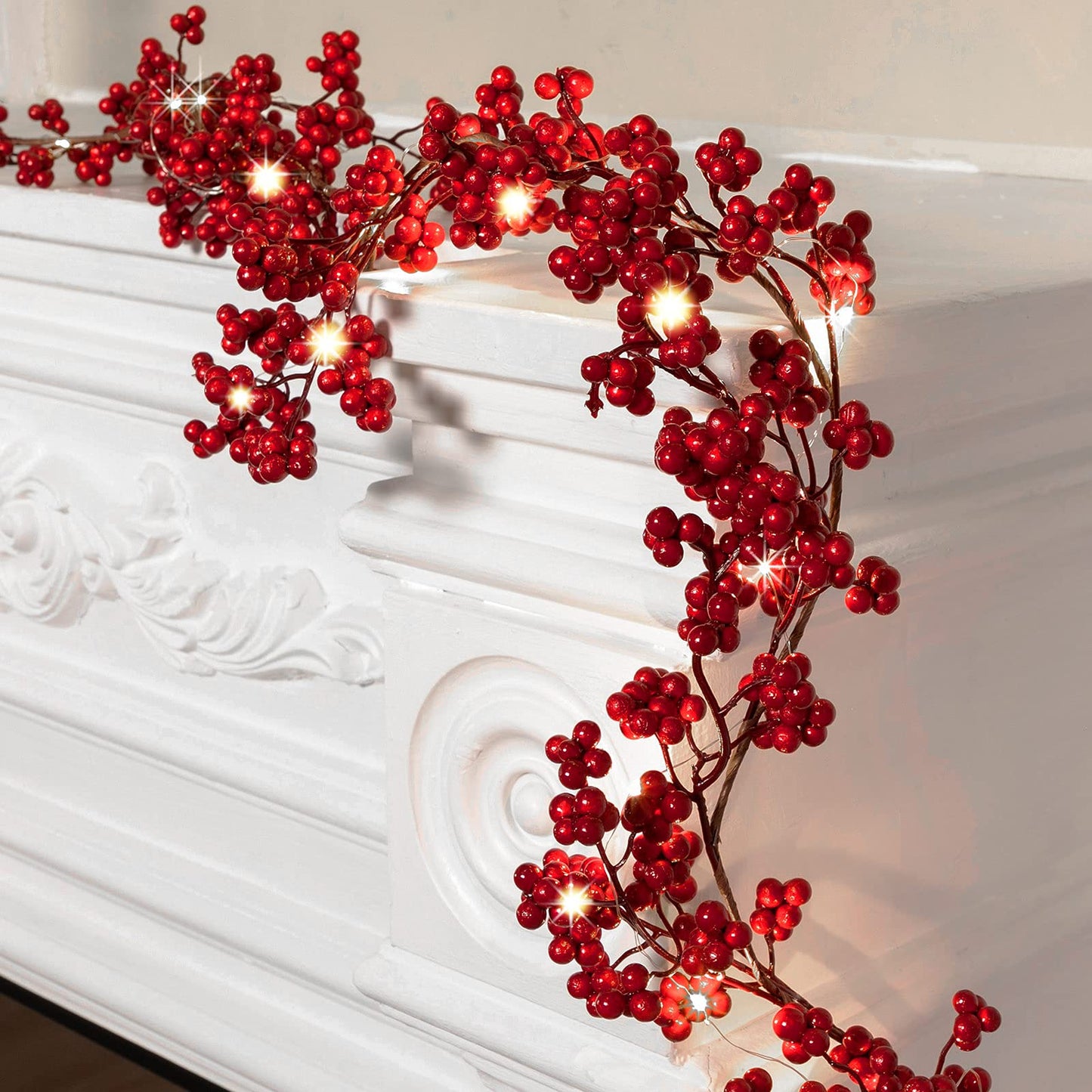 Syhood Christmas Berry String Garland with Lights Thanksgiving Artificial Lighted Garland for Home Xmas Winter Tree Decor Office Fireplace Mantel Decoration Holiday Valentines, 6 Ft (Red,1 Pc)