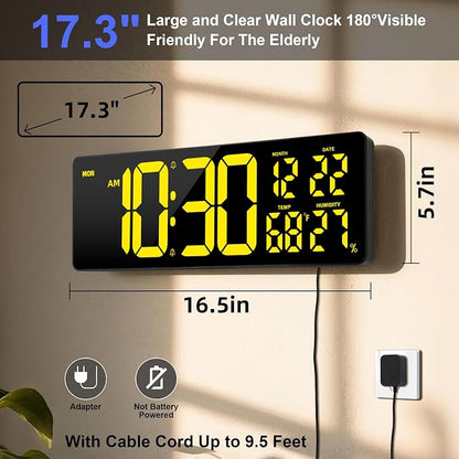 17.3"Large Digital Wall Clock 15 Color Modes Display 8 Color Night Light | Large Number, Elderly-Friendly, Auto-Dimming/DST, Wall Mounted for Home Garage Gym Classroom Office,Gift for Senior Mom Dad