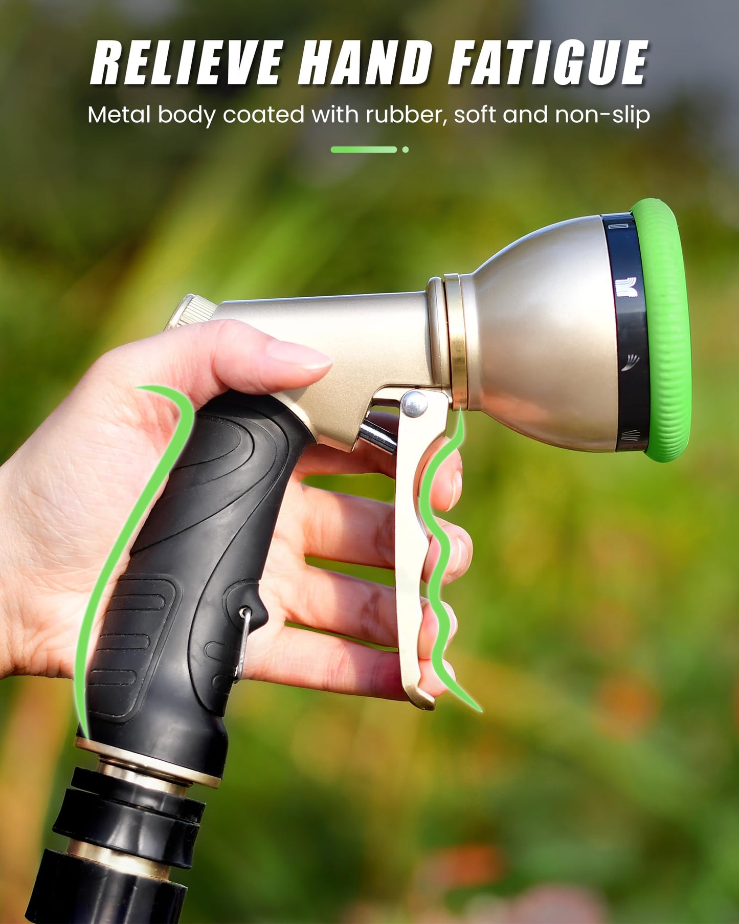 RAINPOINT Garden Hose Nozzle, Metal Hose Sprayer Nozzle With 9 Adjustable Spray Patterns, Heavy Duty Hose Sprayer for Watering Plants, Lawns, Car Wash, Pet Washing (Green)