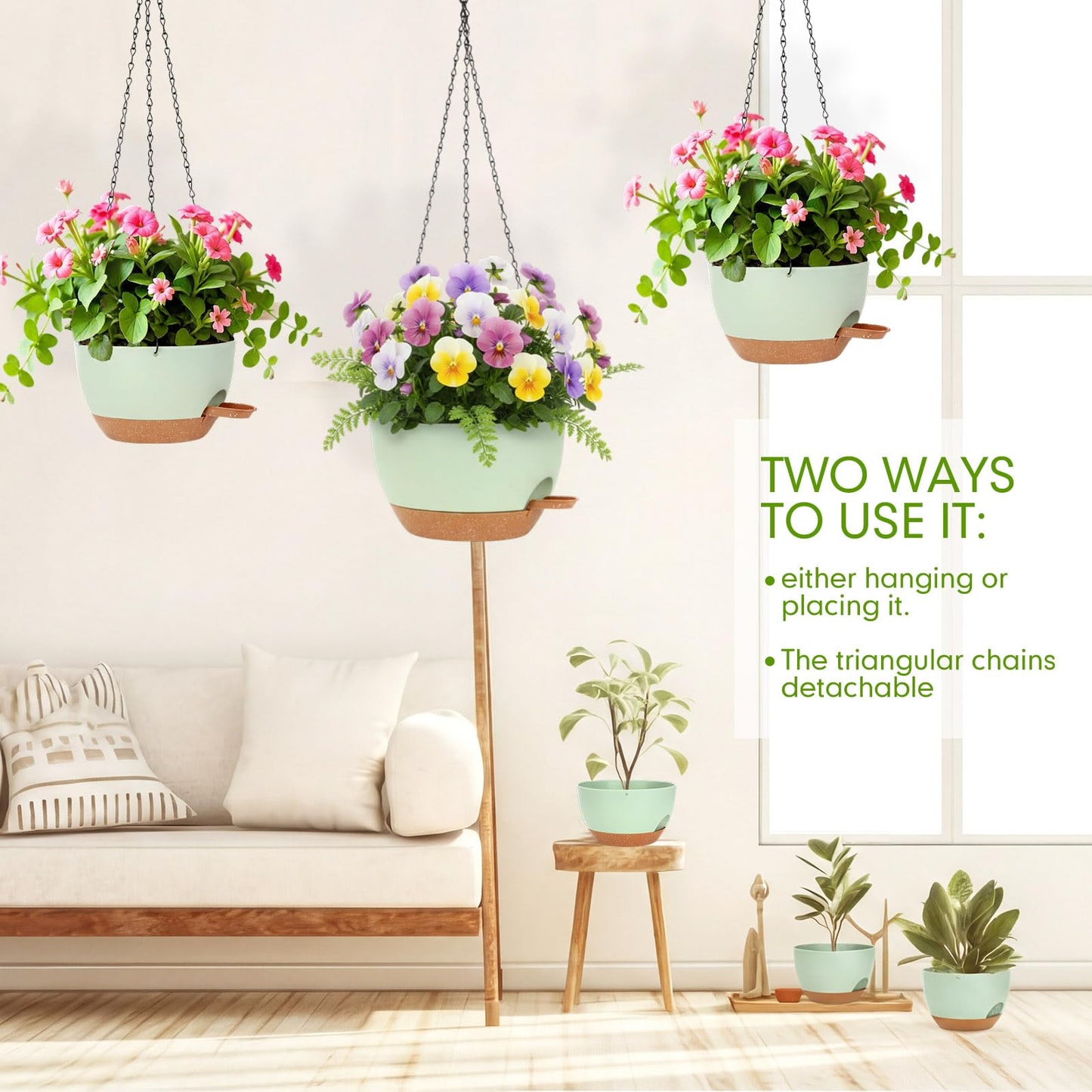 Ferrochef 6 Pack Hanging Planter Set 12/10/8 Inch Plastic Self Watering Hanging Baskets Plant Pot with Drainage Holes and Chain for for Indoor Outdoor Garden Porch Plants