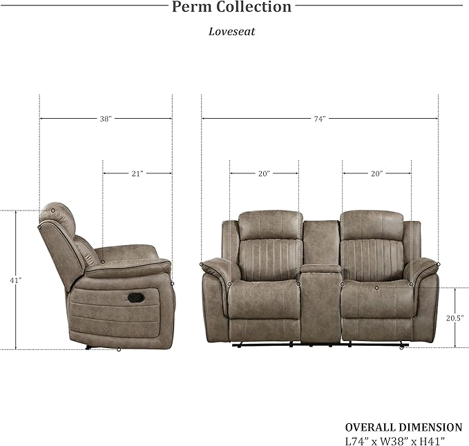 Lexicon Recliner Living Room Set, Home Theater Seating, Manual Polished