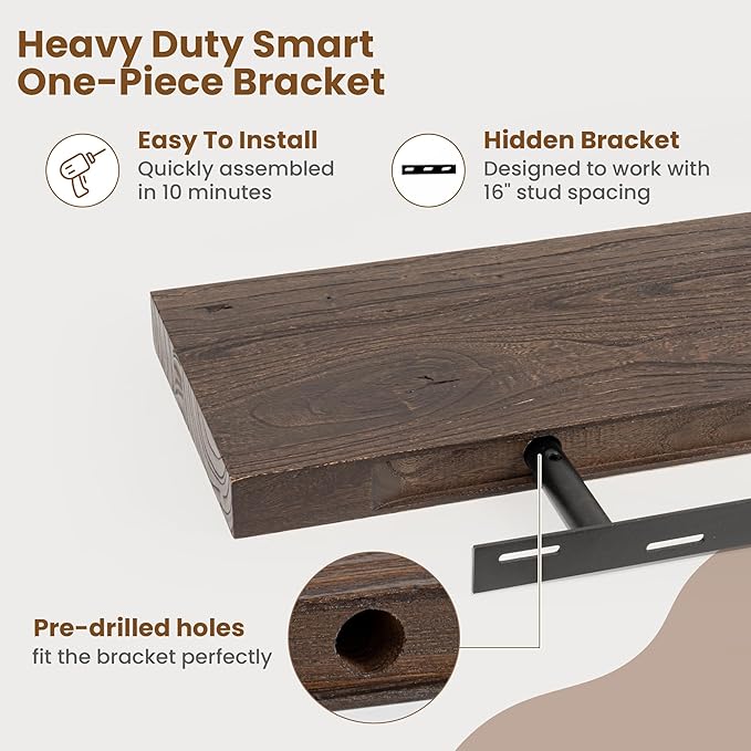 Floating Shelves for Wall Decor, 8 Inch Deep Rustic Solid Elm Wood Floating