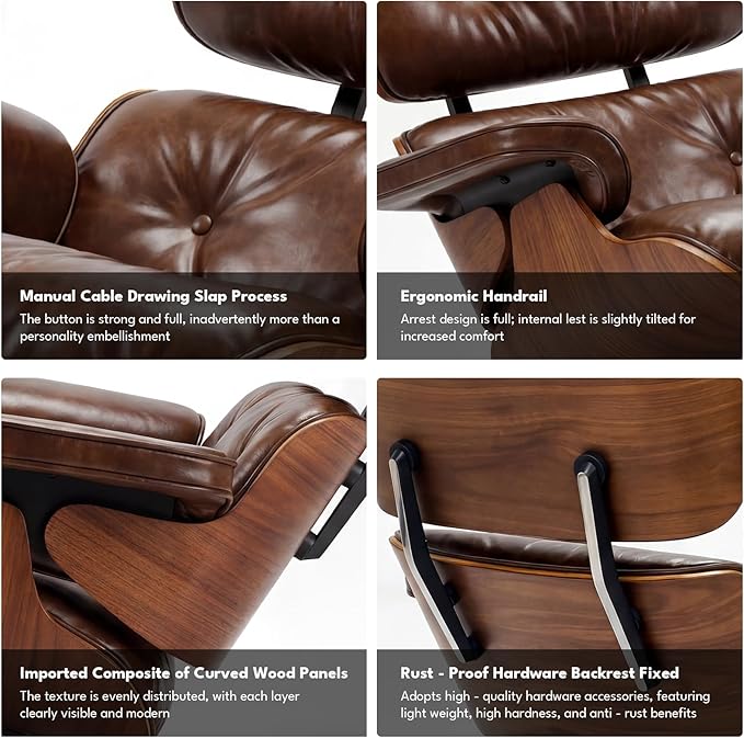 Top Grain Leather, Mid Century Chaise Lounge Chair and Ottoman, Reading Chair