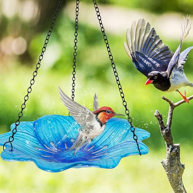 HONGLAND Bird Baths for Outside,10 Inch Small Blue Glass Birdbaths Outdoor,Detachable Bird Feeder with Metal HangingStake for Garden Yard Patio Decor,15" Height