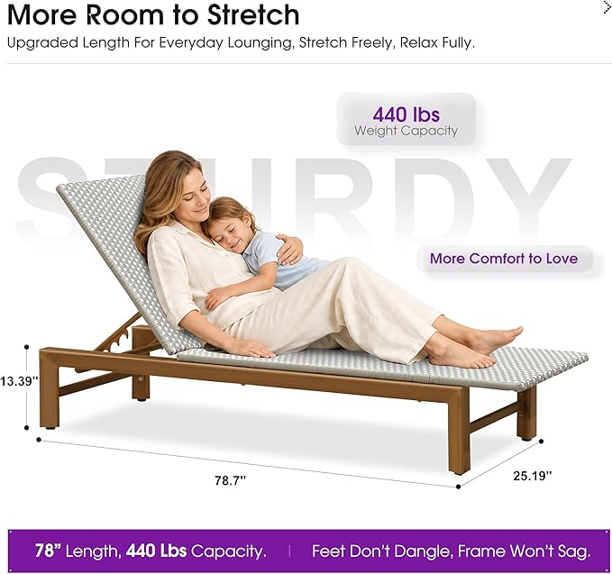 PURPLE LEAF Patio Chaise Lounge French Outdoor Lounger 1 Piece Matte Teak Grain