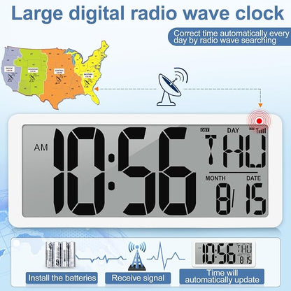 Atomic Clock 14.9" Digital Wall Clock Battery Operated Atomic Wall Clock Large Digital Alarm Clock with Day Date & Temperature for Wall Bedroom Living Room Classroom Home Office