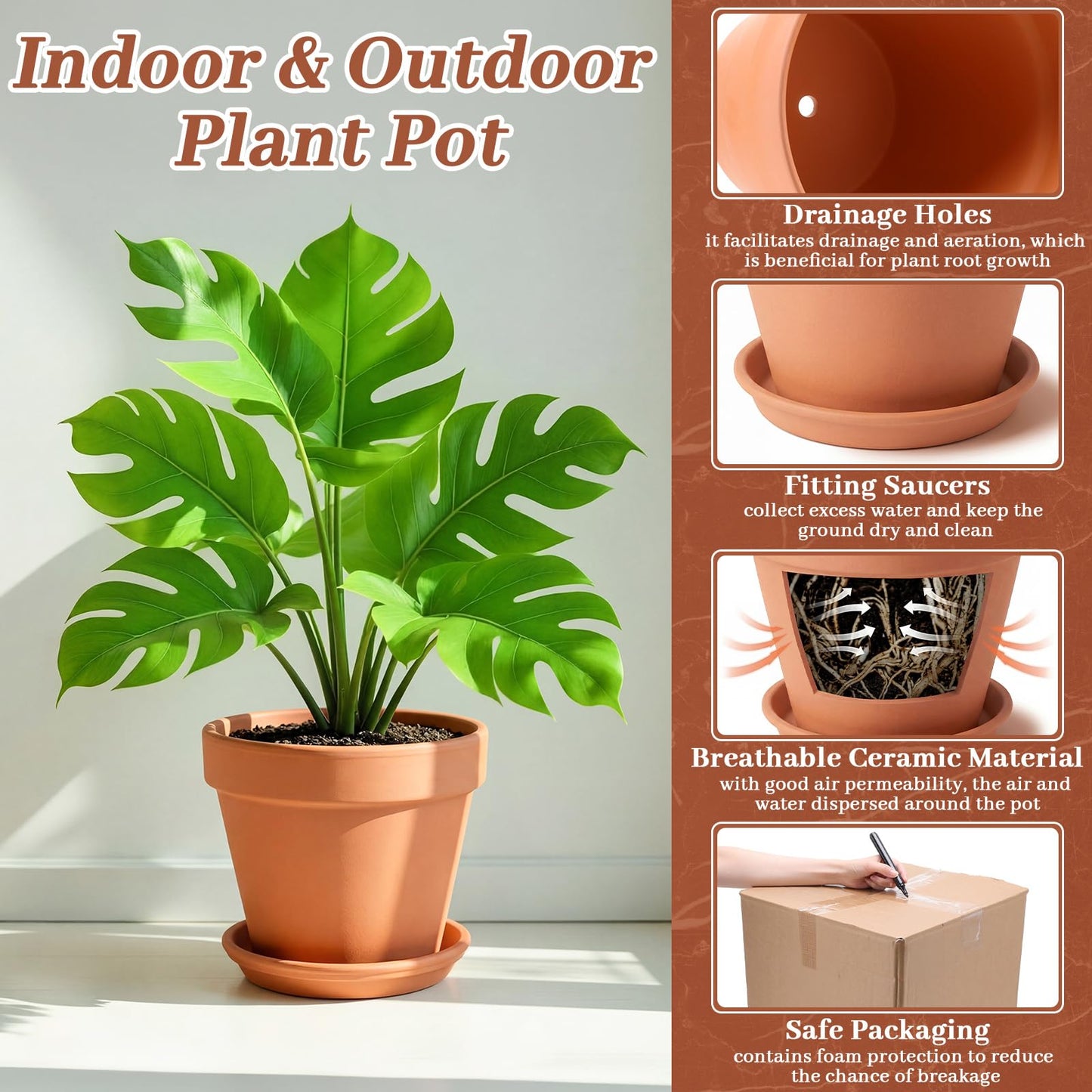 Ferrochef 12 Inch Large Terracotta Pot with Drainage Hole and Saucer, Large Ceramic Clay Planter Terracotta Flower Planter Flowerpot with Tray for Indoor Outdoor Plants Flower Succulents Herbs Cacti