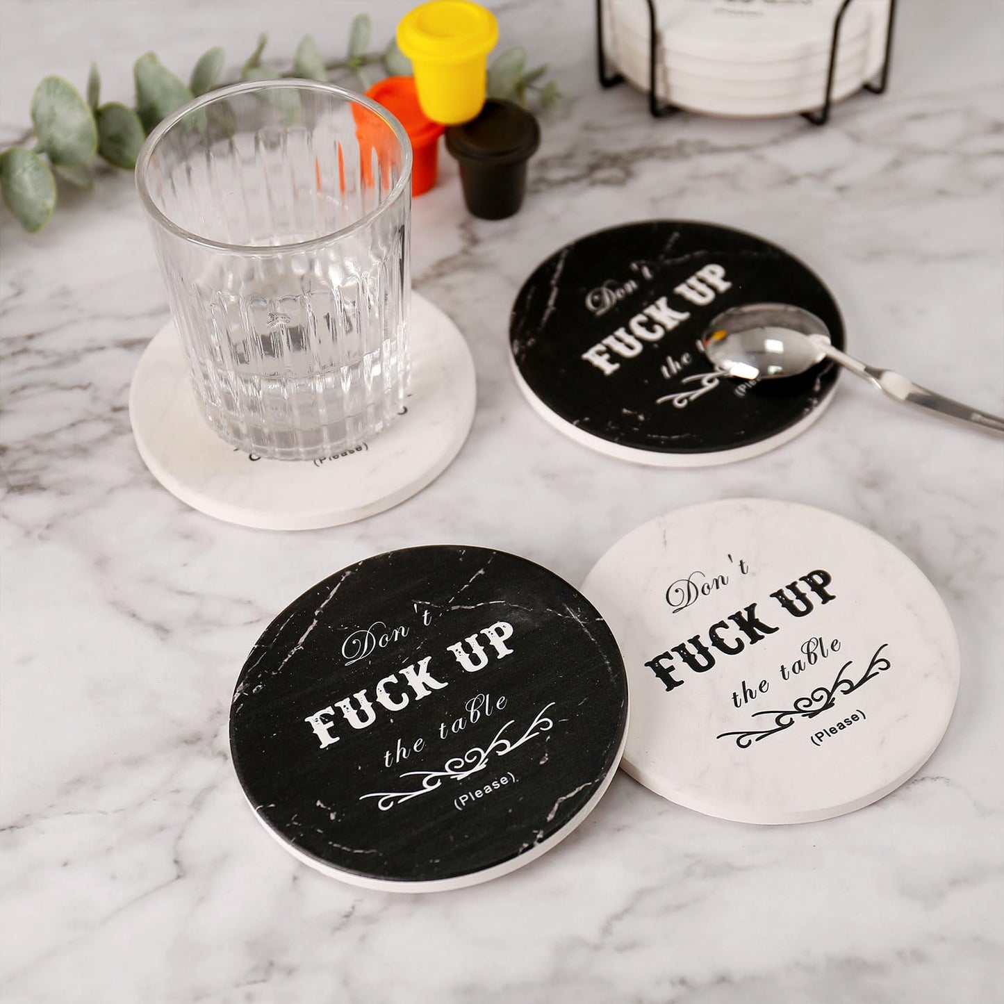 Drink Coasters Set of 6 with Holder, Absorbent Ceramic Coasters with Cork Base for Coffee Table, Rustic Marble Coasters Home Decor Housewarming Gift (Round-Black, 6)