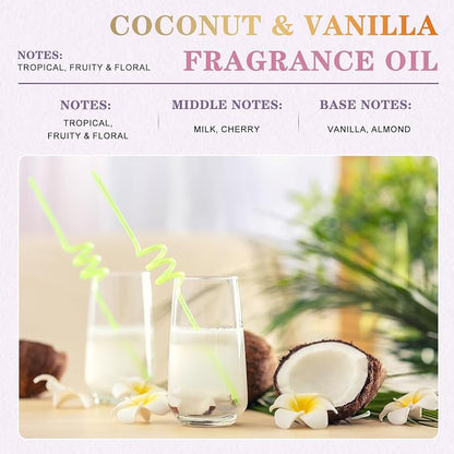 EUQEE 100ML/3.38 Fl Oz Coconut & Vanilla Fragrance Oil with Glass Dropper, Essential Oil for Diffuser for Home, Yoga, Long Lasting Scented Oil for Candle Making, Handmade Soap Making, DIY Perfume