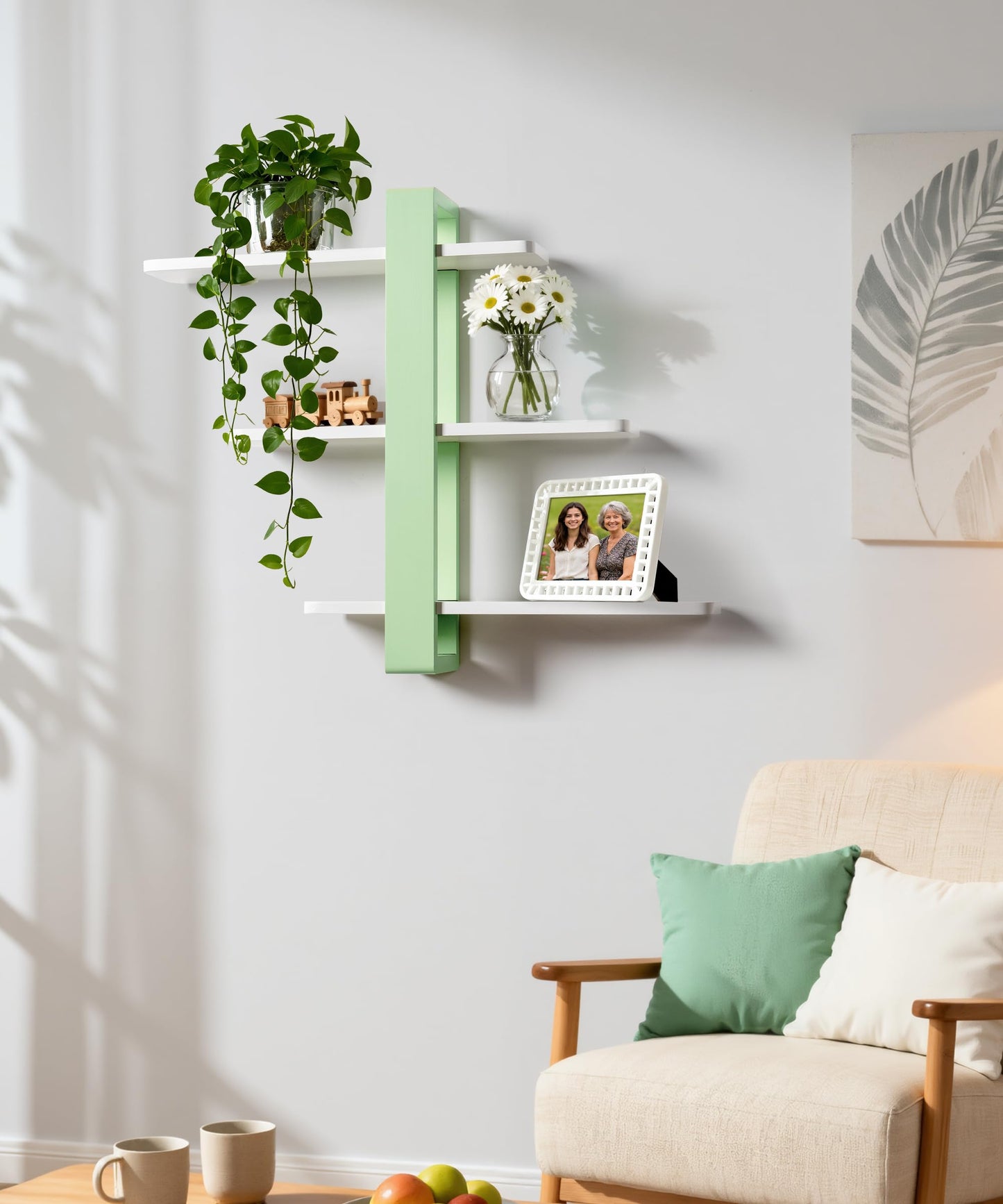 SUMGAR Green Floating Shelves for Wall Mounted Shelving Unit All Pine Wood 3 Tier Large Shelf for Bedroom Living Room Office Bathroom Home Decoration Storage Plant Photo Display Modern 20in Mint Green