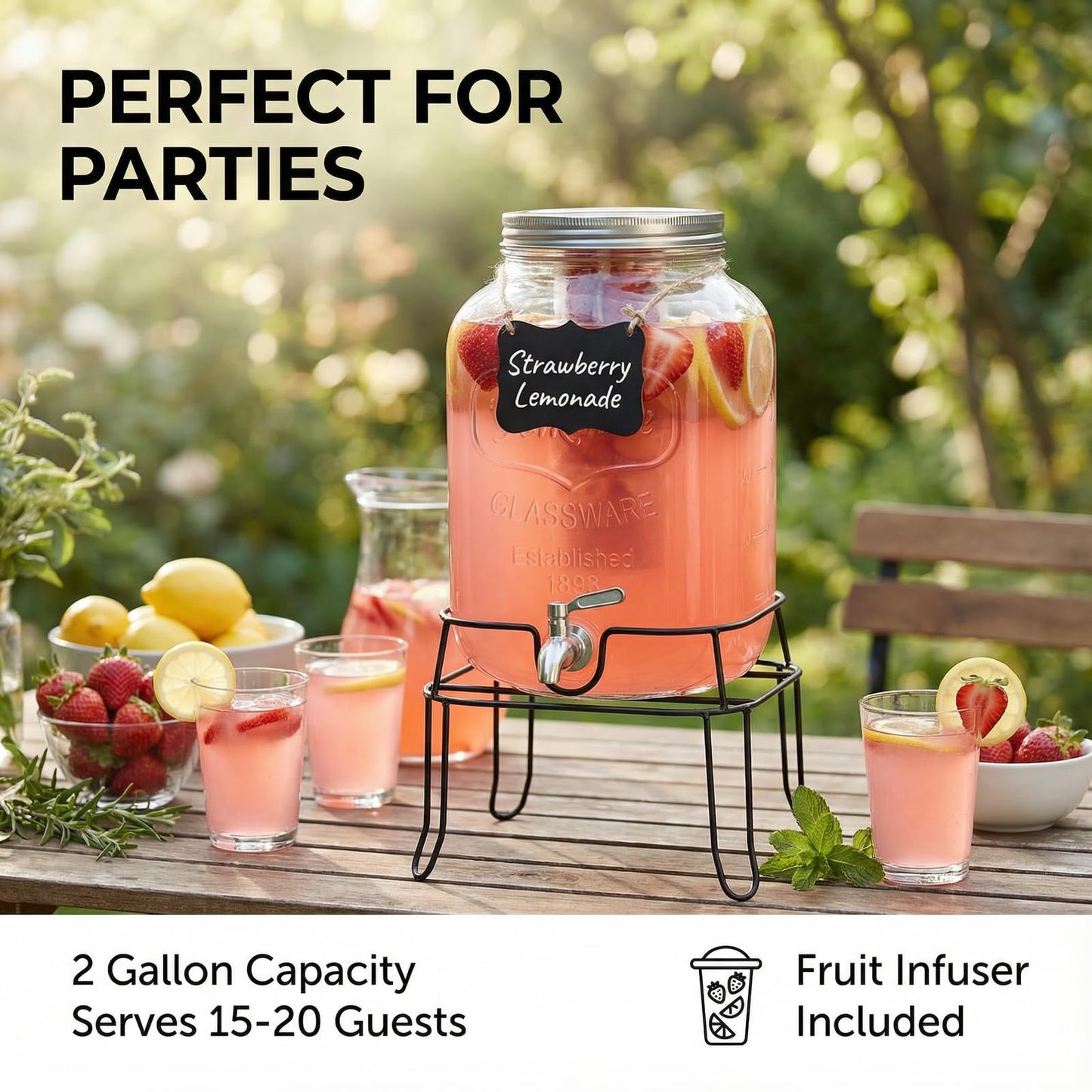 RuileMei 2 Gallon Glass Drink Dispenser,Beverage Dispenser with Stand,Lemonade Dispenser with 304 Stainless Steel Spigot Leakproof for Entertaining Guests, Picnic,Hosting Parties