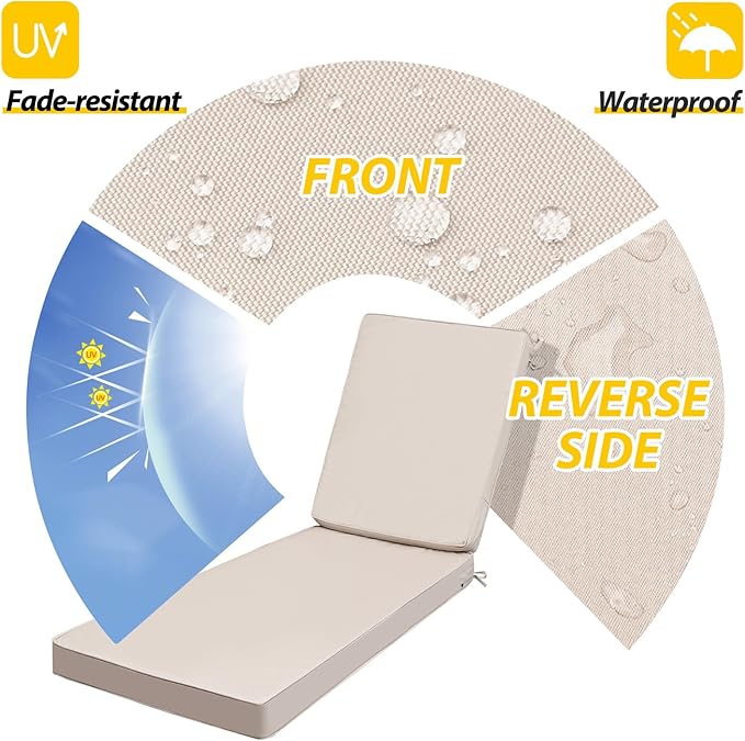 AAAAAcessories Outdoor Chaise Lounge Cushions, Fade-Resistant, Waterproof Patio