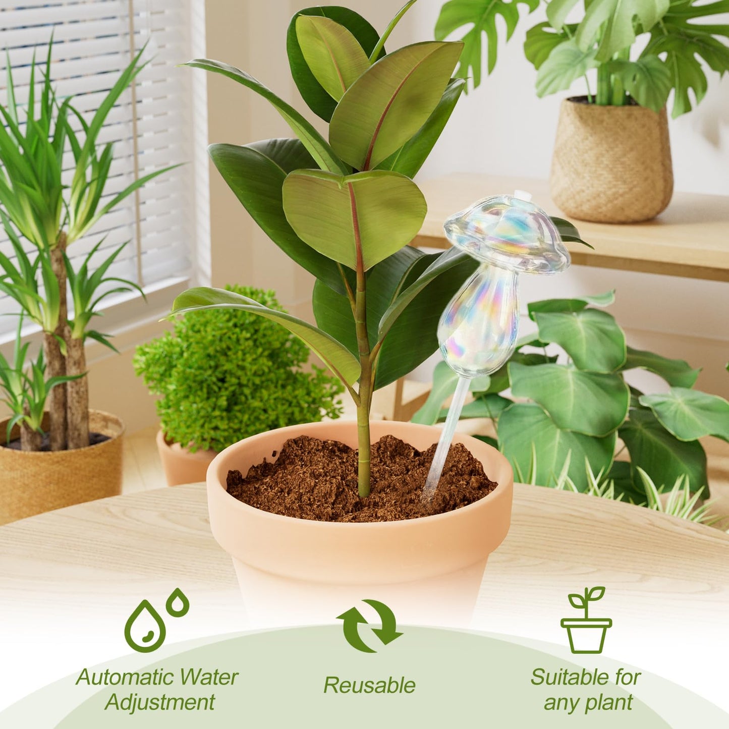 4pcs Plant Watering Globes Self Watering Planter Insert Devices,Glass Watering Bulbs Mushroom Pattern Watering Globes for Indoor Plants Top-Fill Watering Rainbow Colors (Round Automatic Watering Bulb)