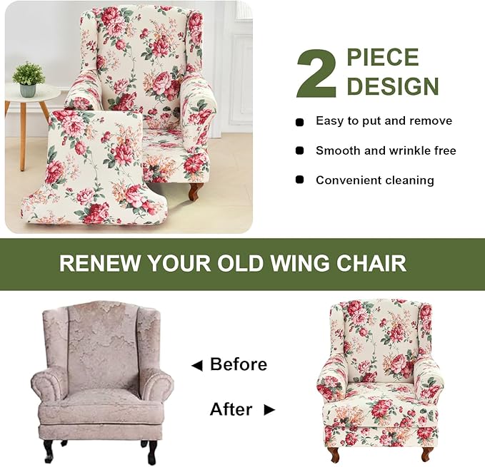 HAOYONG Wing Chair Slipcovers Stretch Wingback Chair Covers Printed 2 Pieces
