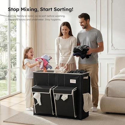 SOLEDI 220L Laundry Hamper 3 Section,Extra Large Laundry Basket with Lid and 2 Side Pockets, Dirty Clothes Hamper with Removable Bag Easy to Carry for Laundry Room, Bedroom, Bathroom, Black