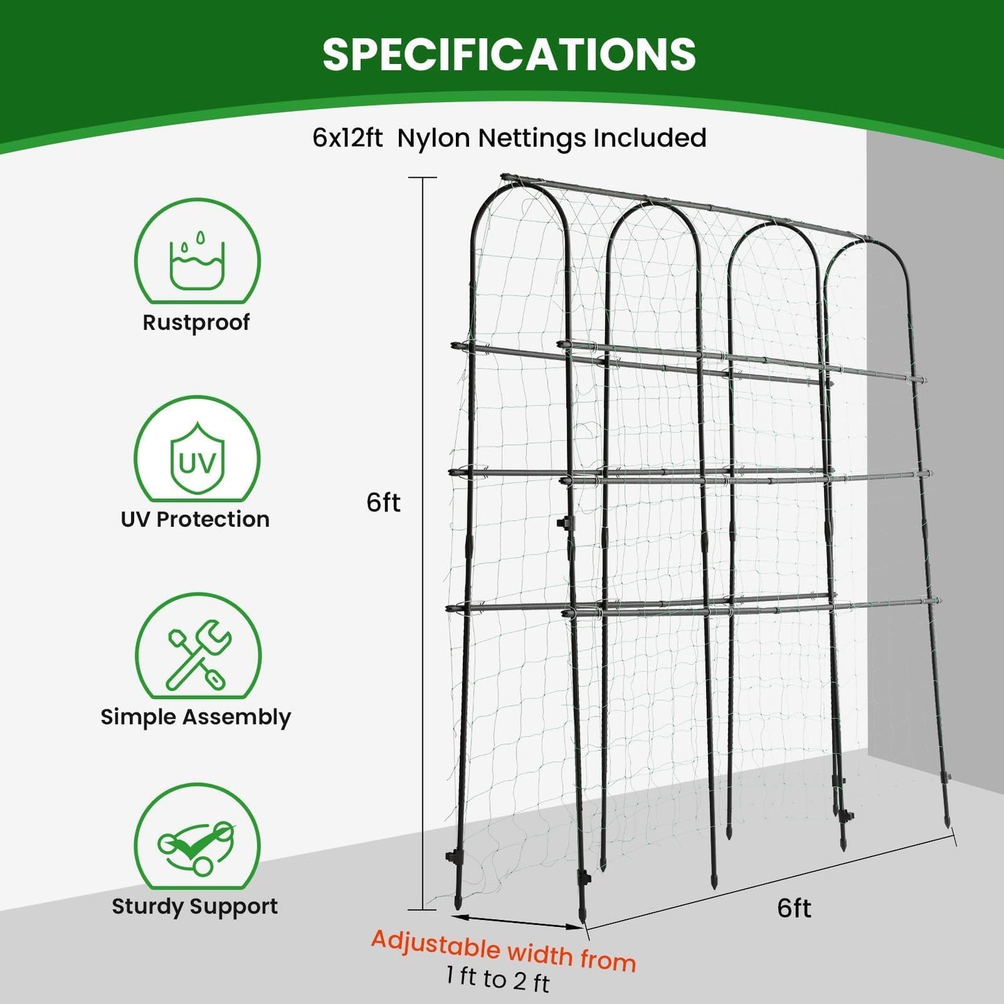 OTOSUNNY Cucumber Trellis for Raised Garden Bed, Reinforced 6 ft Tall Metal Garden Arch Trellis Climbing Plants Support Outdoor, Heavy Vines Vegetable Snap Pea Pole Bean Tomato Trellis, Black