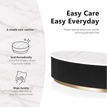 Furniture of America Beryl Modern Oval White Genuine Marble Top Coffee Table with Fluted Pedestal Base and Gold Stainless Steel Accent, Low Profile Table for Living Room, Home Office, Black
