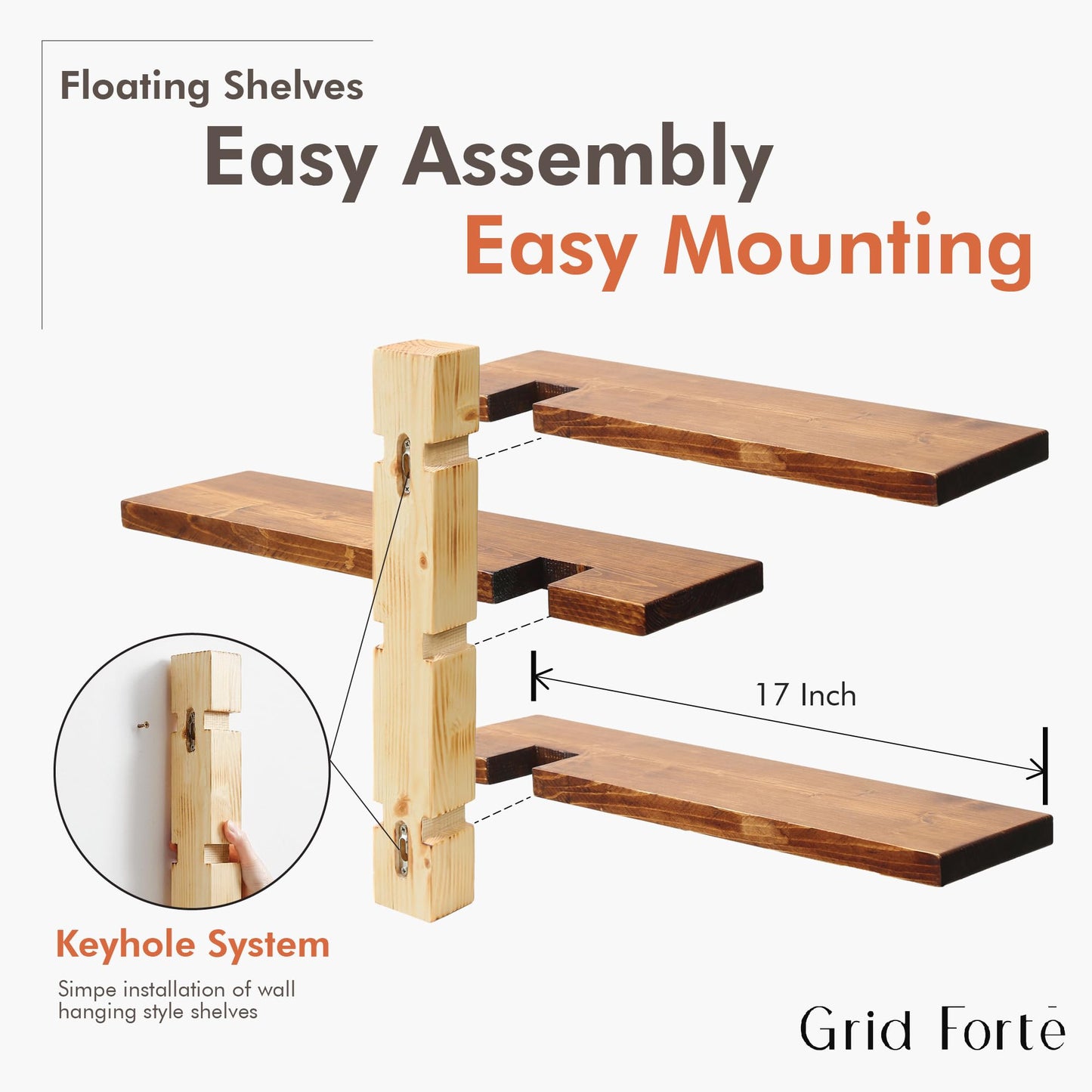 GRID FORTE Wood 3 Tier Floating Shelf, Large Minimalist Wall Shelves, Mid Century Modern Furniture, Art Deco, Plant Rock Crystal Shelving for Bedroom Living Room Office Bathroom