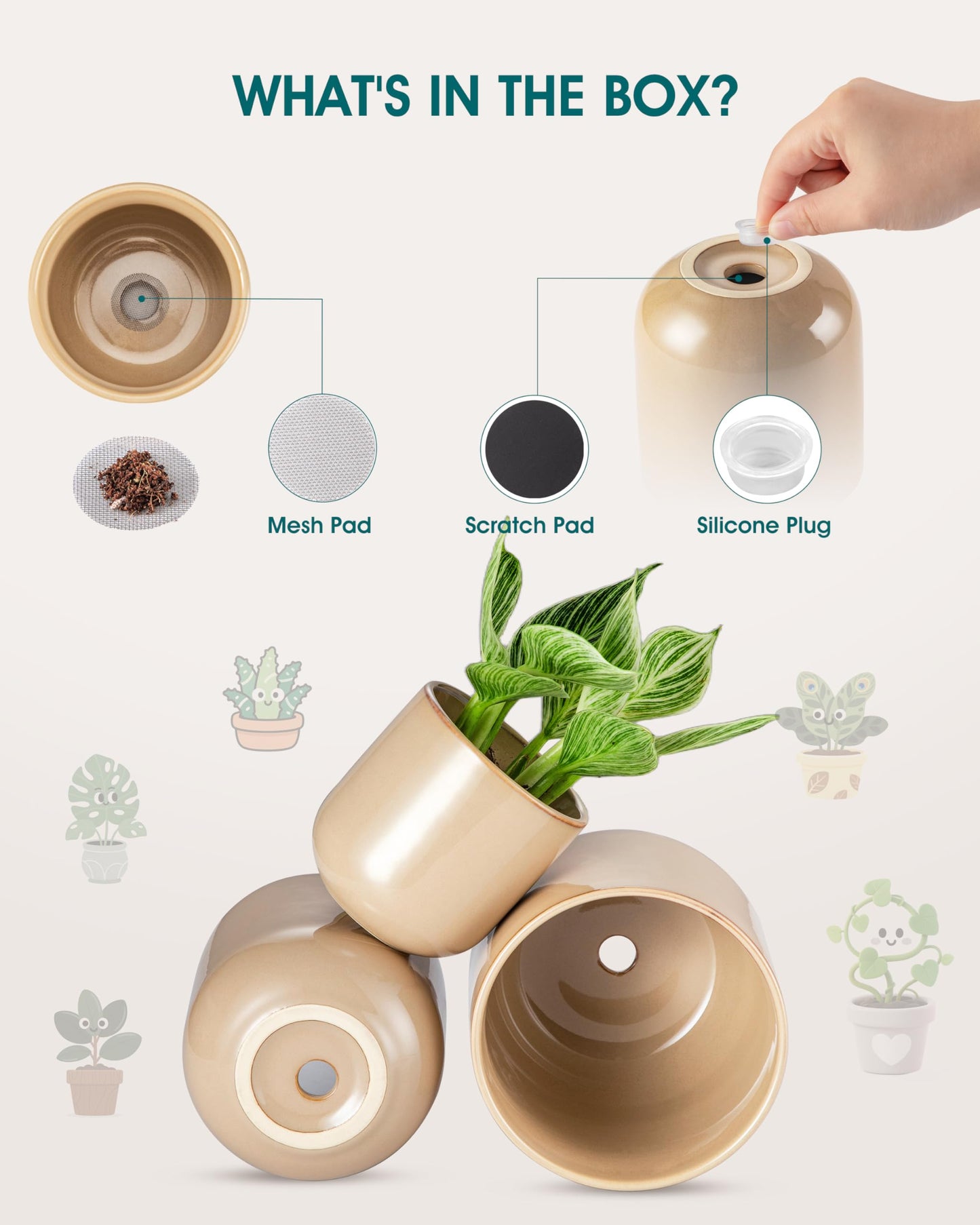 vancasso Ceramic Plant Pots, 4+5+6 inches, Set of 3, Planters with Drainage Hole, Flower Pots Planters Pots for Indoor Plants, Modern Indoor Decorative Garden Pot, Home Decor, Brown