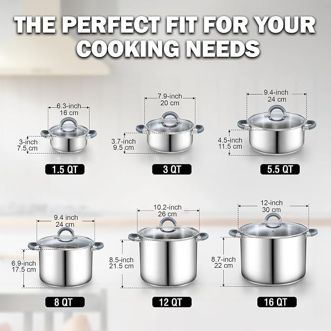 Cook N Home Basics 5.5 Quart Stainless Steel Stock Pot with Lid, Cooking Pot for Pasta, Soup, Stay-Cool Silicone Handle, Stockpot with Even Heating, Oven Safe, Cookware for Canning, Boiling, Simmer