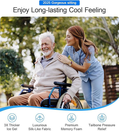 Wheelchair Seat Cushions Cooling, Ergonomic Seat Cushion, Waterproof Silk Fabric, Memory Foam Cooling Gel Office Chair Cushion for Hip Support, Relieve Sciatica, Back, Coccyx, Pressure Sore