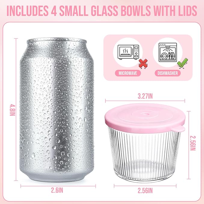 4 Sets Small Glass Bowls with Pink Lids 6.8oz Ribbed Clear Glass Containers Stackable Dessert Custard Pudding Cups Condiment Bowls for Sauces Dips Nuts Oats Candy Dessert Cereal