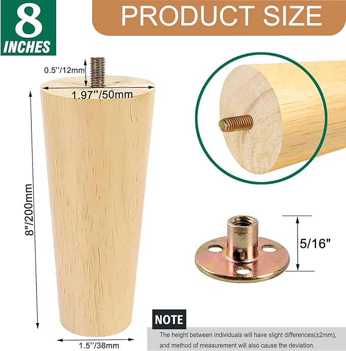 Yaliuliu 8 Inches Furniture Legs Round Solid Wood Sofa Legs Replacement Legs