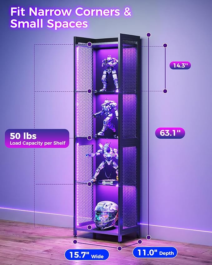 AODK Display Case with LED Lights, Display Cabinet with Open Glass Shelves
