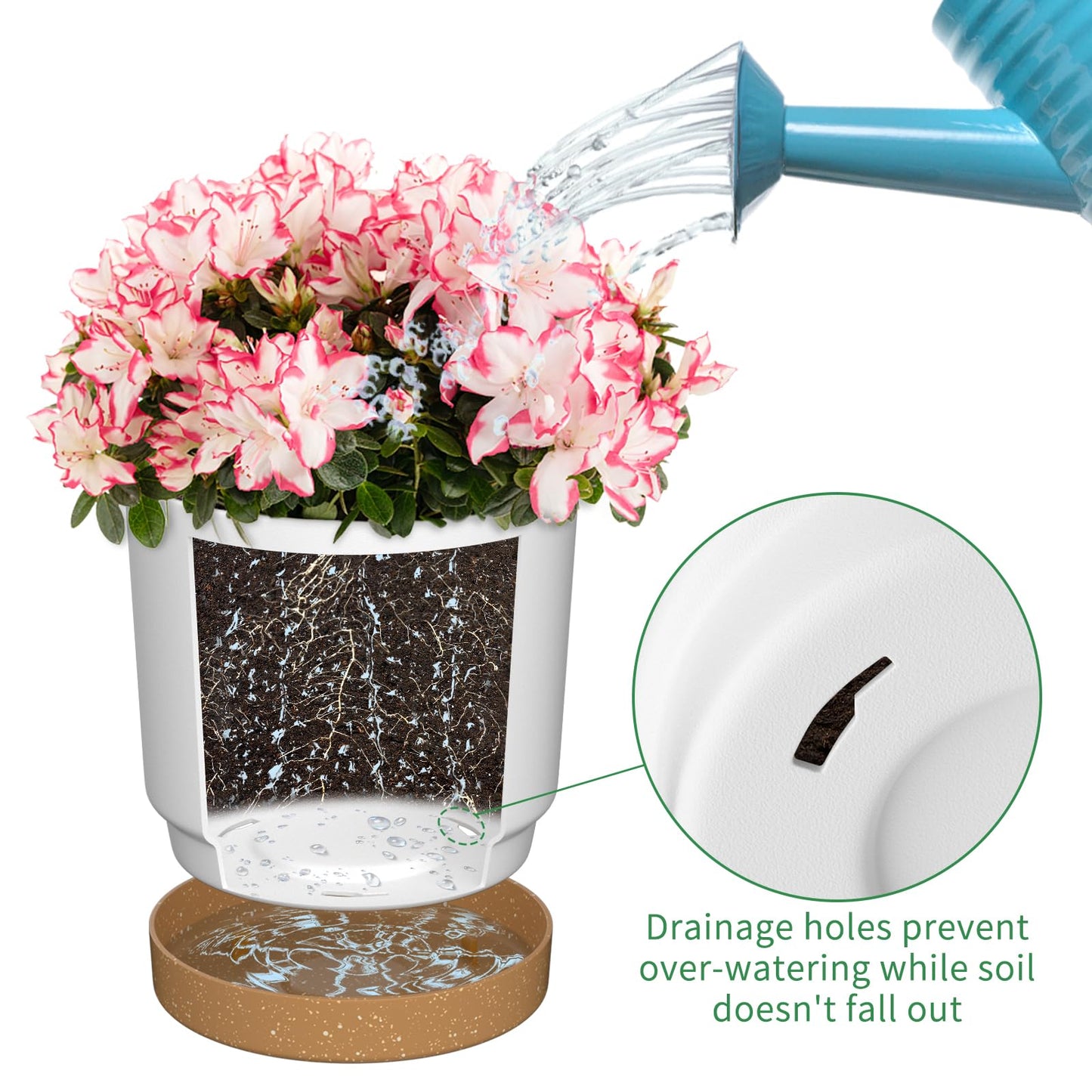 FIASON 8 inch Plant Pots, Plastic Planter with Drainage Hole and Saucer, A Set of 2 Flower Pots for Indoor, Outdoor, House Plants, Succulents, Flowers (White)