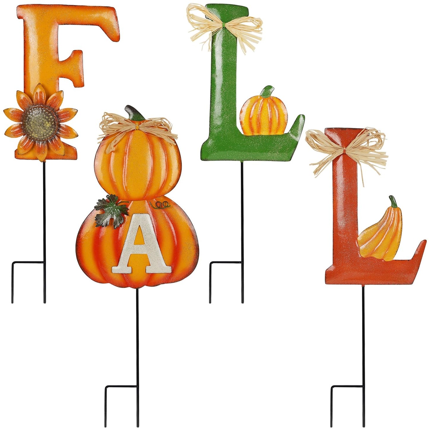 Juegoal 4 Pcs Fall Decorative Garden Stakes, 24 Inch Letter Metal Yard Sign with Pumpkins, Outdoor Art Stake for Thanksgiving Decorations Autumn Harvest Patio Lawn Walkway, Style A