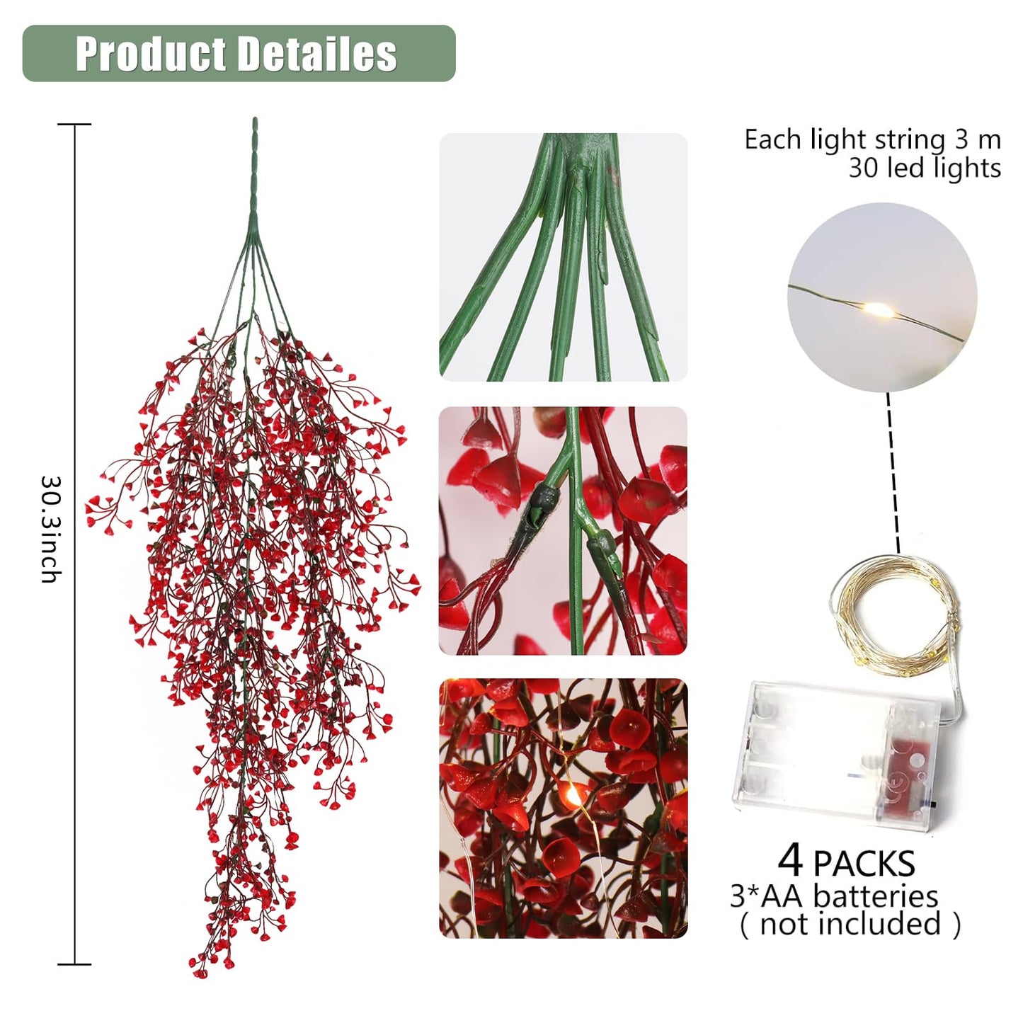 RECUTMS Artificial Hanging Fern Lighted with 30 LED Fake Hanging Ivy Vines Plastic Faux Greenery Plants for Home Wall Bedroom Garden Wedding Outside Decor Pack of 4 (Red)