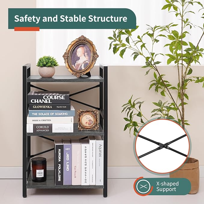 Yoobure Bookshelf Small Book Shelf, Solid Industrial 3 Tier Shelf Bookcase