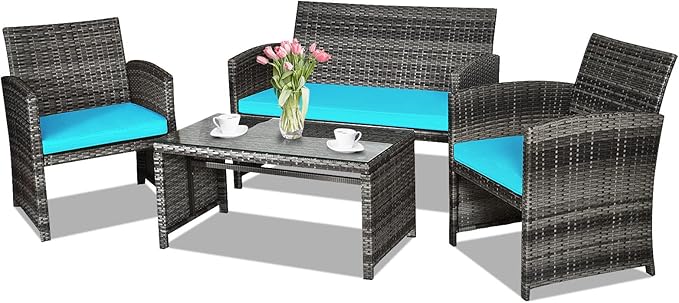 Goplus 4-Piece Rattan Patio Furniture Set, Outdoor Wicker Conversation Sofa