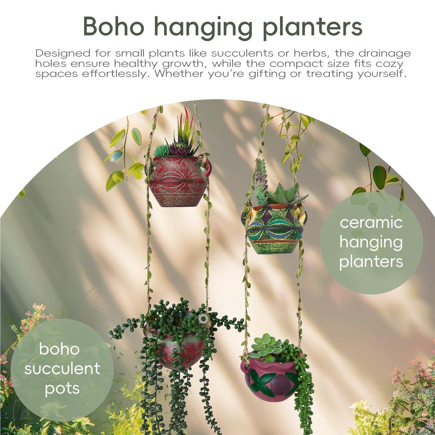 qumHmup Ceramic Hanging Planters, Set of 4 Pots with Drainage Holes,Boho Indoor Outdoor Planter for Succulents