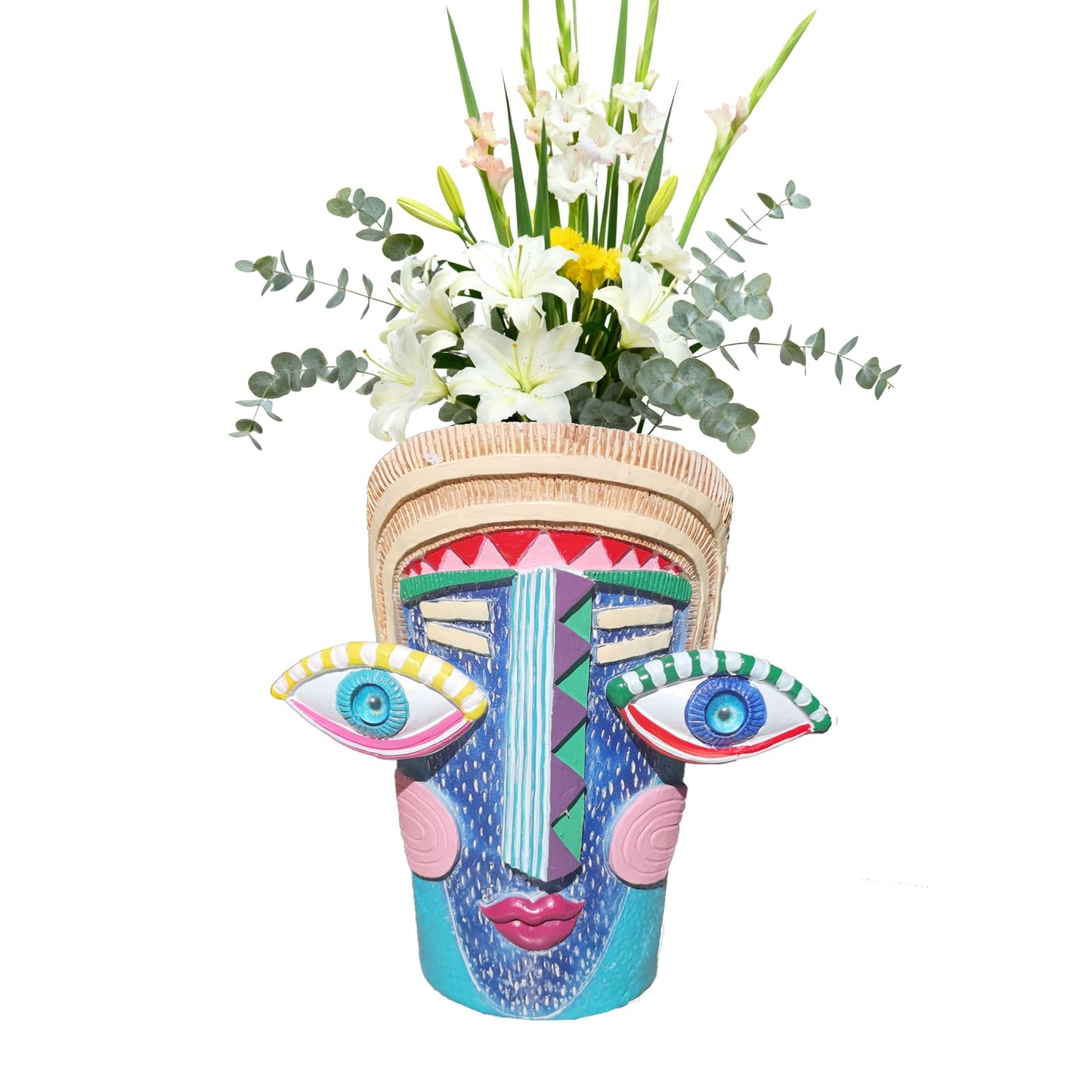 Bsearty Big Eye Face Planter, Tall Cartoon Abstract Resin Flower Pot, Colorful Funky Vase for Succulents (Blue, Large)