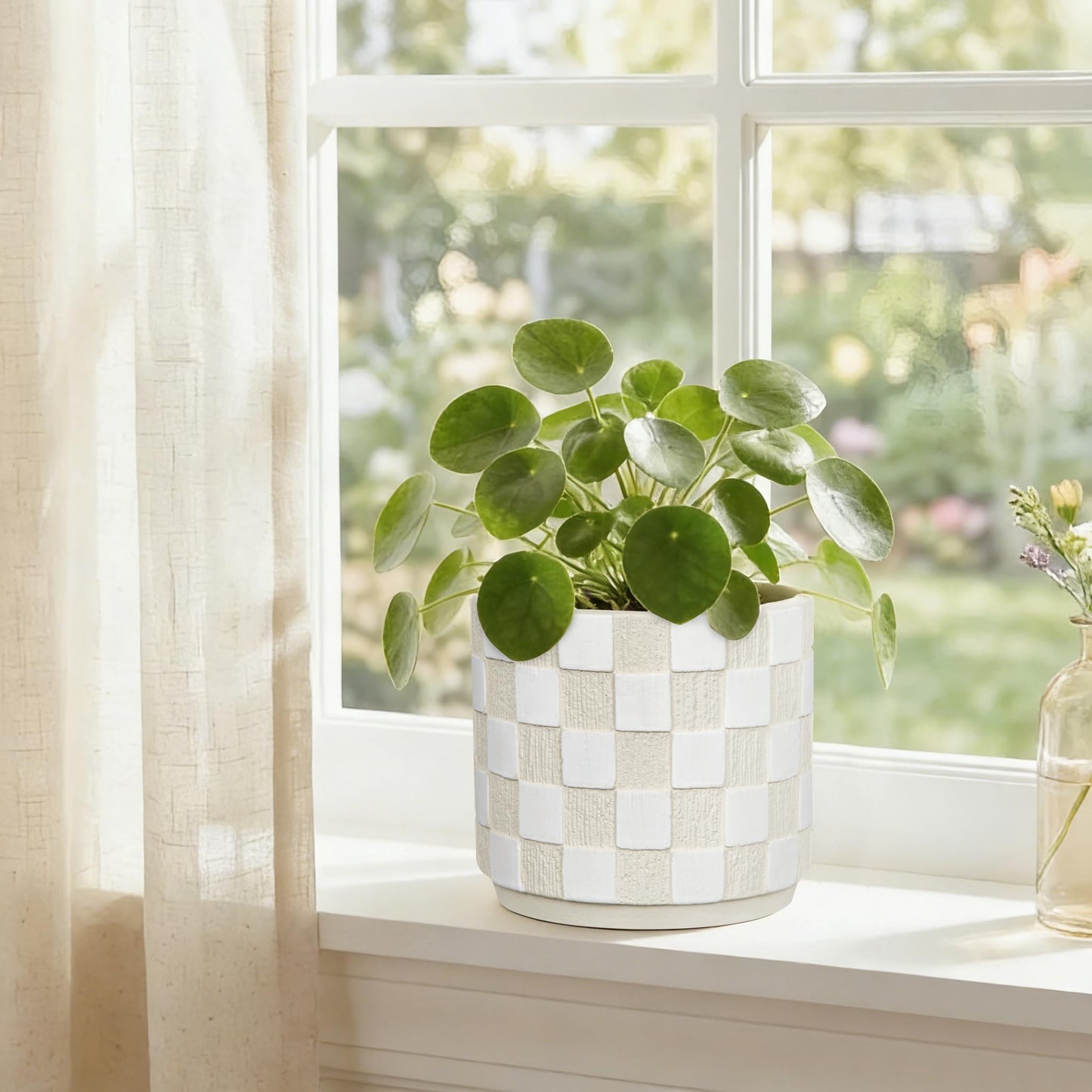 Nature Crafted 5.5 inch Ceramic Plant Pots with Drainage Hole & Silicone Plug, Checker Ceramic Round Planter Flower Planter for Indoor Outdoor Plants Home Gardening Desktop Windowsill, White