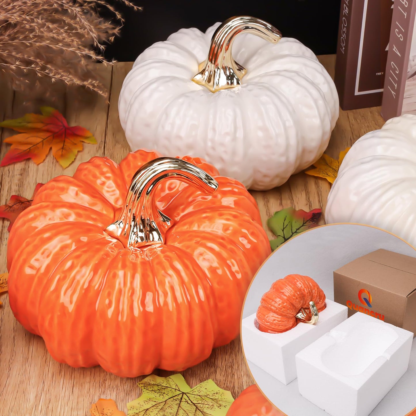 Quancru 7.9 Inch Fake Pumpkin Decorations Ceramic Figurines White Realistic Artificial Pumpkins Model for Outdoor Halloween Fall Harvest Thanksgiving Kitchen Tabletop Centerpiece Crafts - 1 PCS