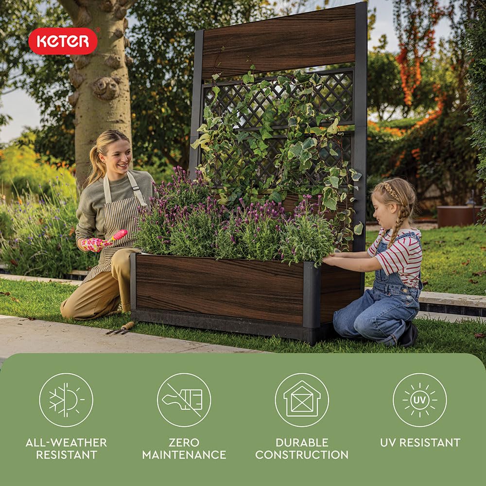Keter Outdoor Planter Box with Privacy Screen and Trellis – 26 Gallon Raised Garden Bed for Climbing Plants & Flowers – Wood-Look Resin, Weather-Resistant Divider for Patio, Balcony & Backyard