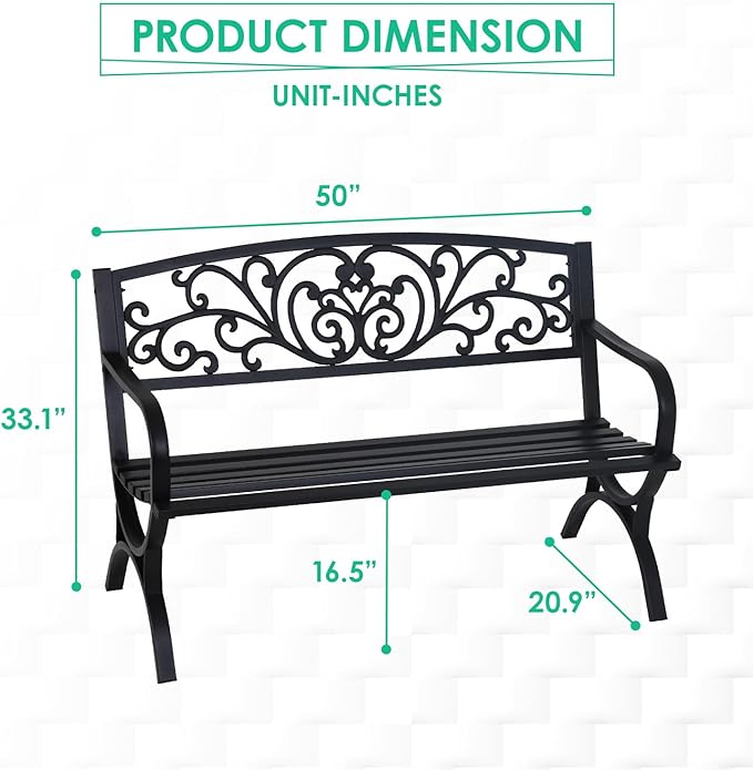 FDW Outdoor 50 Inches Garden Bench, Slatted Seat Armrests Floral Design Backres