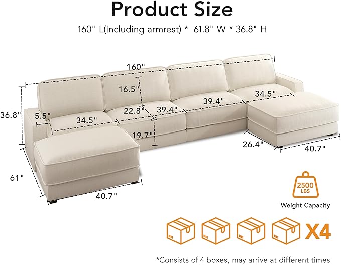 Vipbear 160" Oversized Modular Sectional Sofa, U Shaped Couch Set