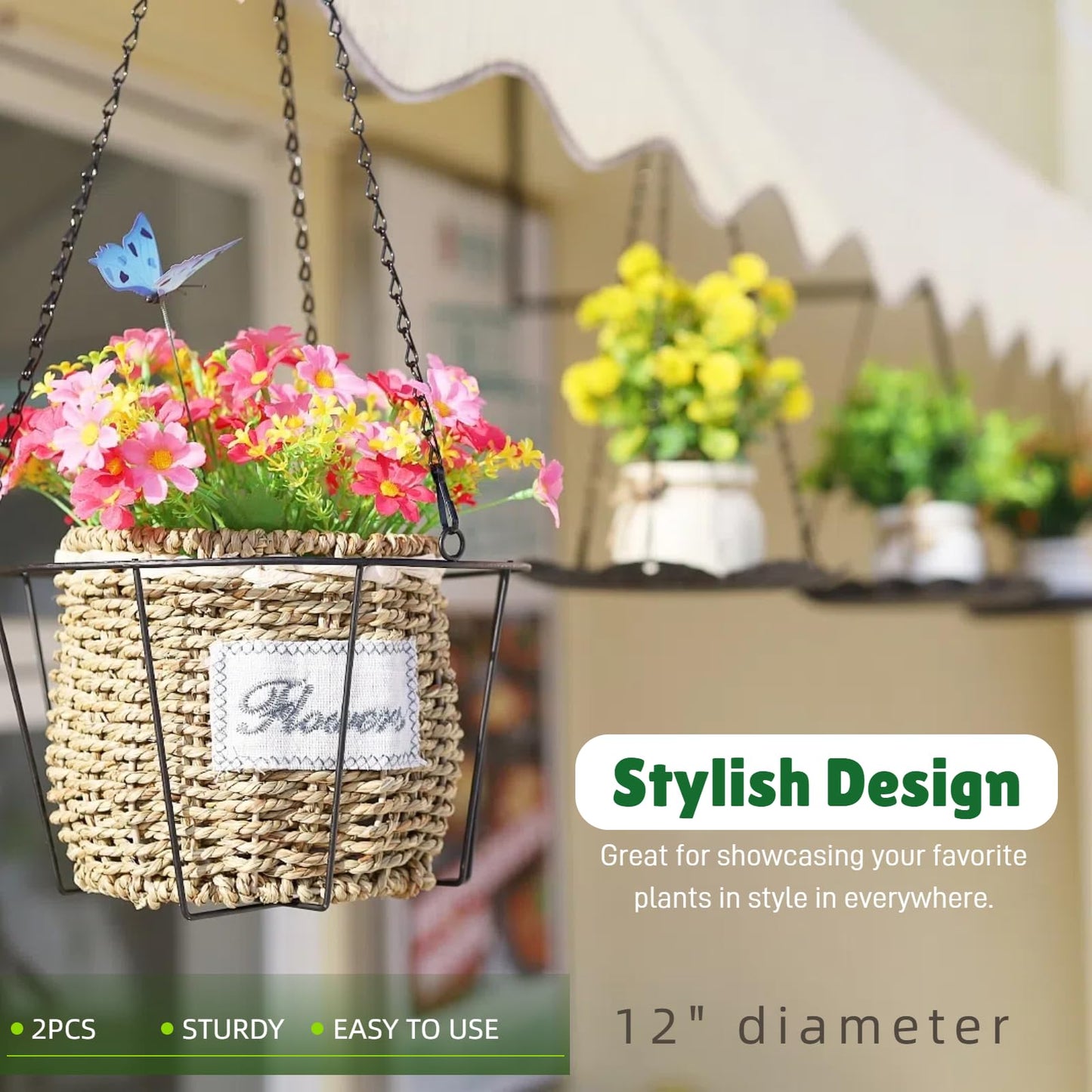 ZYUXUAN Metal & Macrame Plant Hanger Indoor/Outdoor Use – Heavy Duty Hanging Planter Holder with Basket for Ceiling, Window, Patio – Decorative Hanging Pot Tray for Plants(12 Inch, 2-Pack)